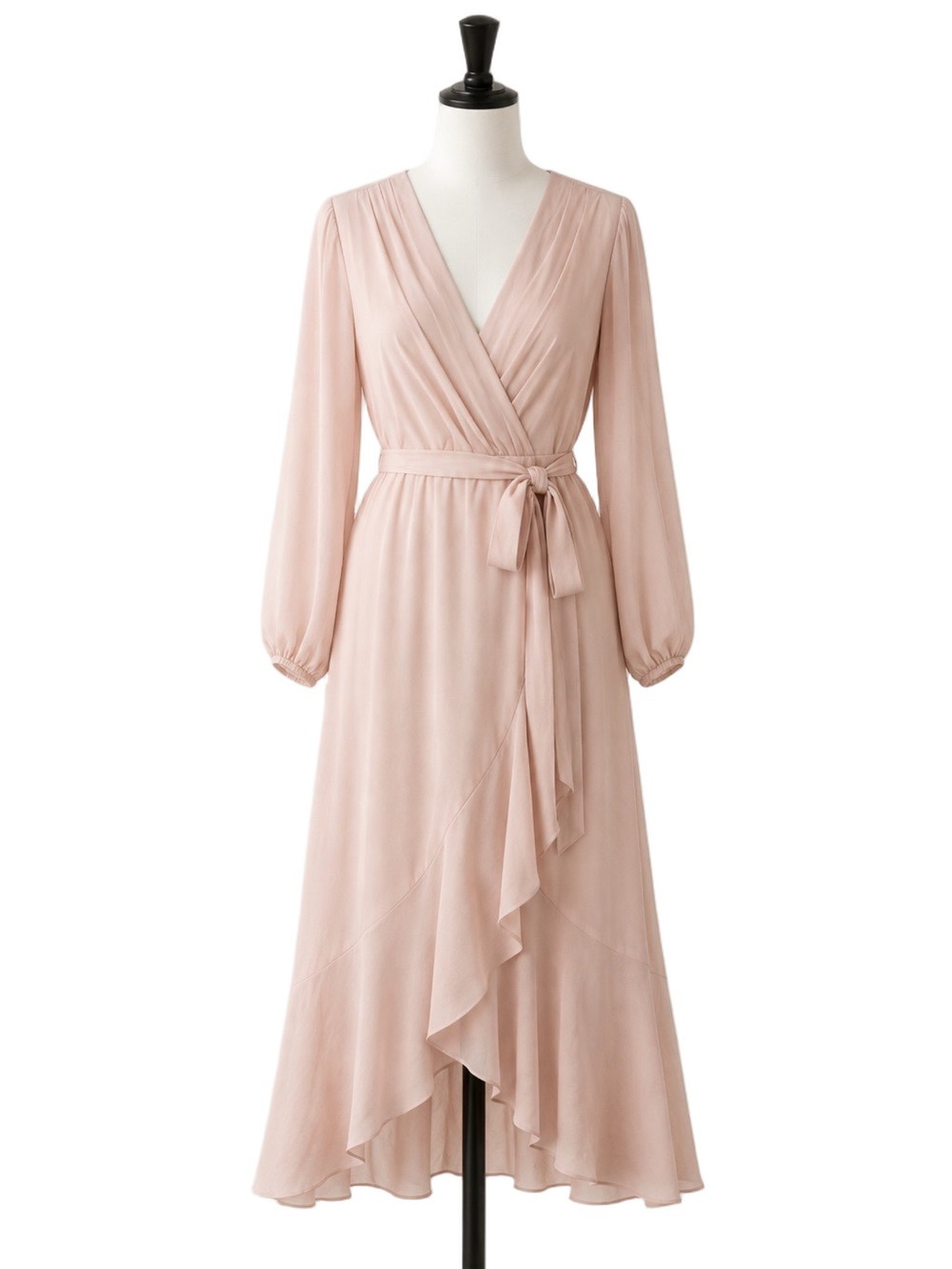Jessica Howard Pink Faux Wrap Midi Dress Ruffle Hem Balloon Long Sleeve Size 10